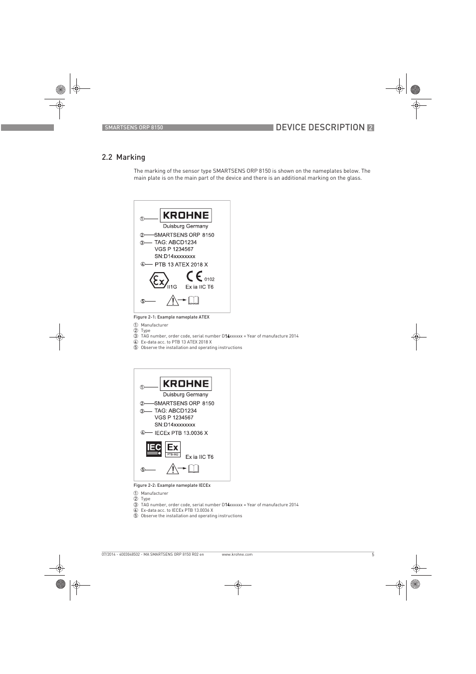 Device description, 2 marking | KROHNE SMARTSENS ORP 8150 Ex EN User Manual | Page 5 / 16