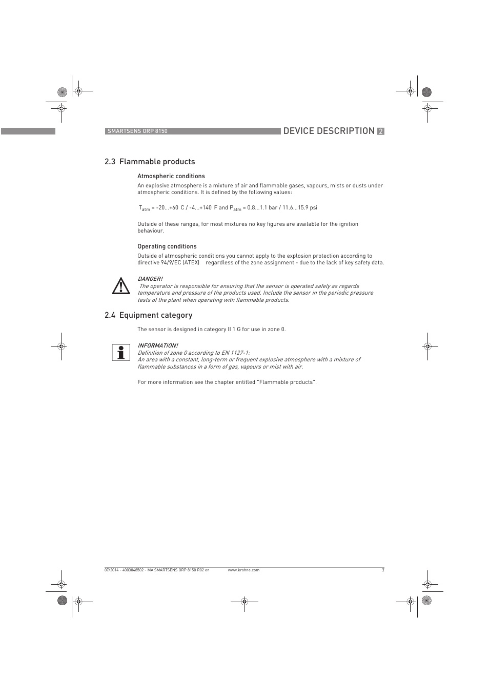 Device description, 3 flammable products, 4 equipment category | KROHNE SMARTSENS ORP 8150 Ex EN User Manual | Page 7 / 16