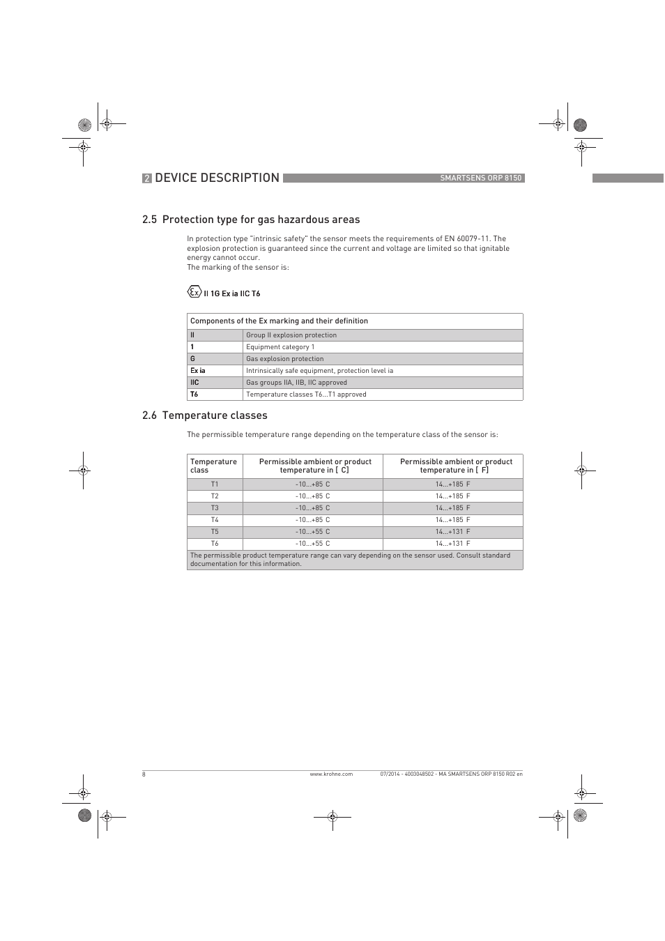 Device description, 5 protection type for gas hazardous areas, 6 temperature classes | KROHNE SMARTSENS ORP 8150 Ex EN User Manual | Page 8 / 16