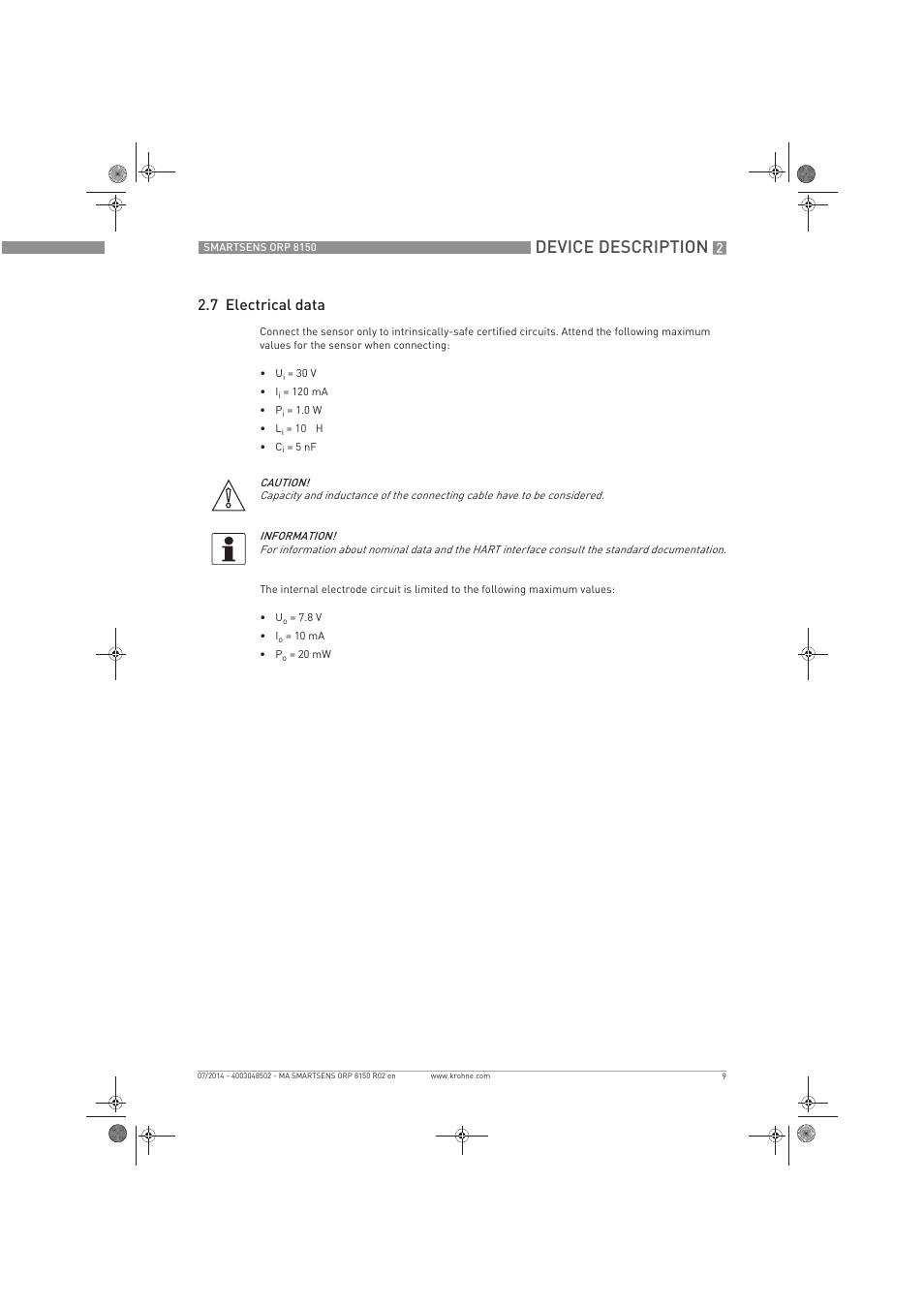 Device description, 7 electrical data | KROHNE SMARTSENS ORP 8150 Ex EN User Manual | Page 9 / 16