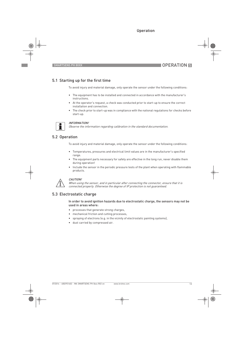 Operation, Operation 5.1 starting up for the first time, 2 operation | 3 electrostatic charge | KROHNE SMARTSENS PH 8xxx Ex EN User Manual | Page 13 / 16