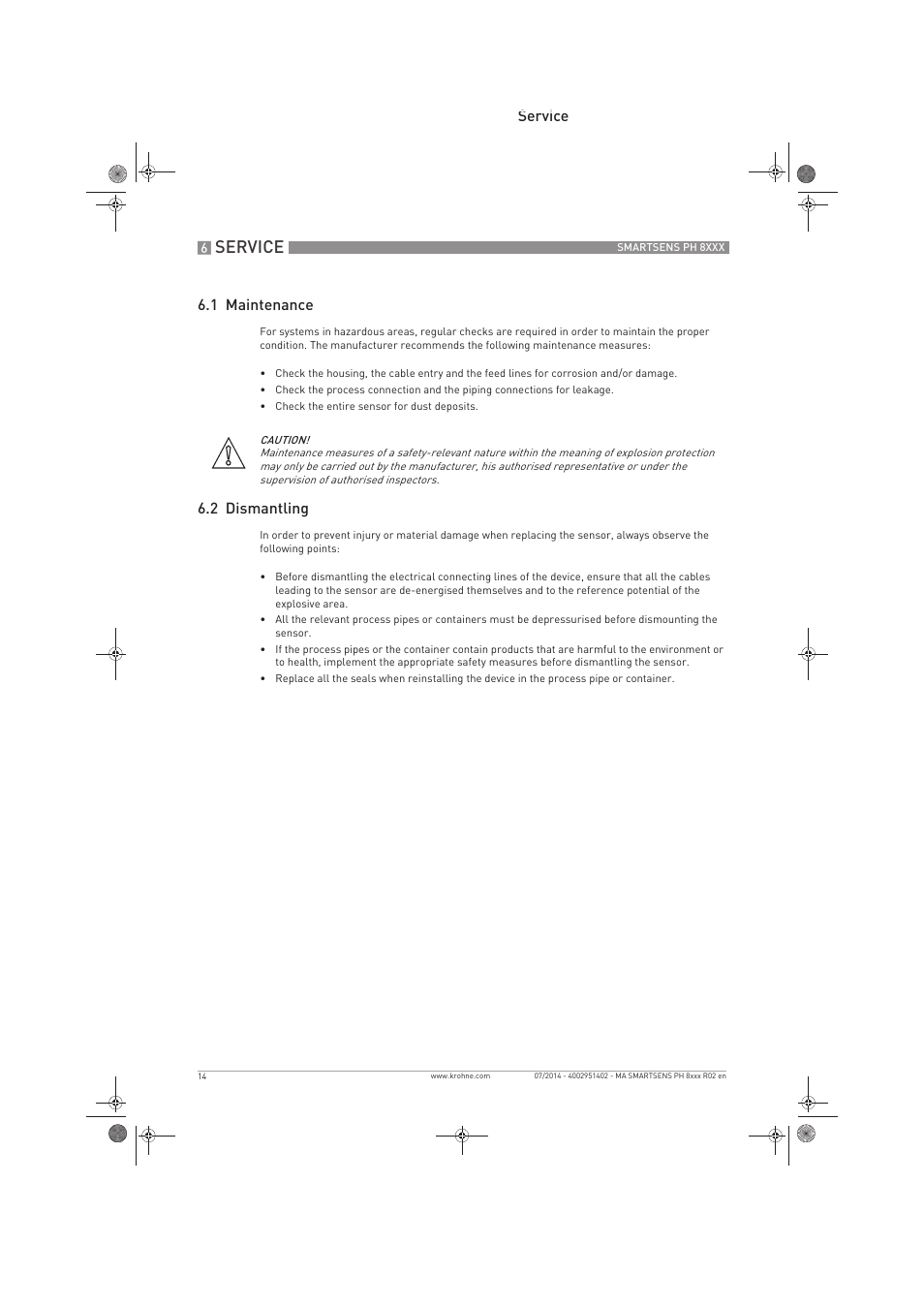 Service, Service 6.1 maintenance, 2 dismantling | KROHNE SMARTSENS PH 8xxx Ex EN User Manual | Page 14 / 16