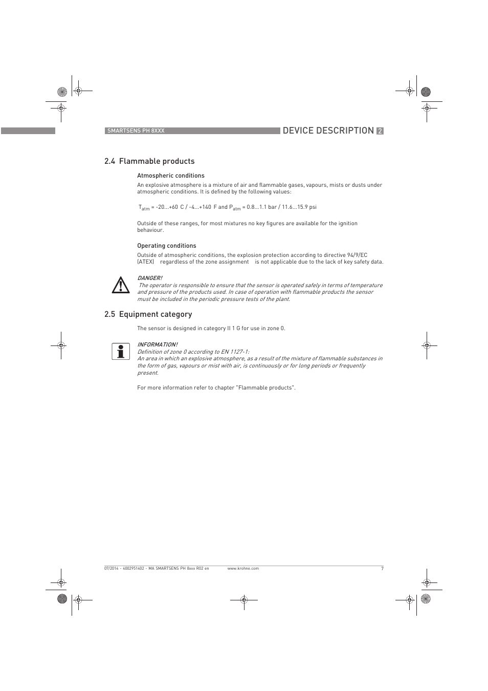 Device description, 4 flammable products, 5 equipment category | KROHNE SMARTSENS PH 8xxx Ex EN User Manual | Page 7 / 16