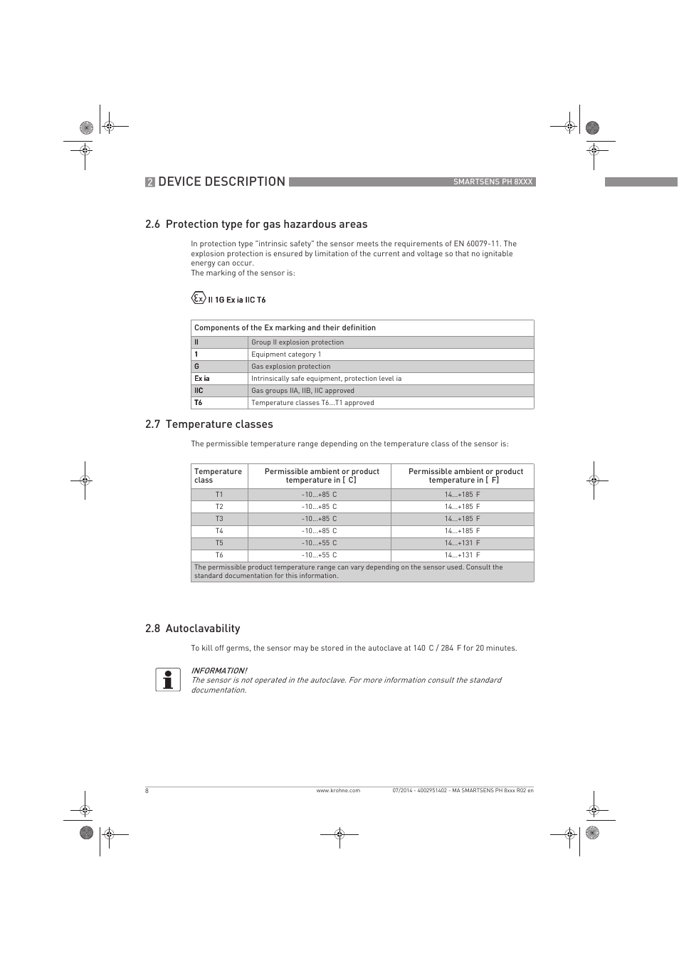 Device description, 6 protection type for gas hazardous areas, 7 temperature classes | 8 autoclavability | KROHNE SMARTSENS PH 8xxx Ex EN User Manual | Page 8 / 16