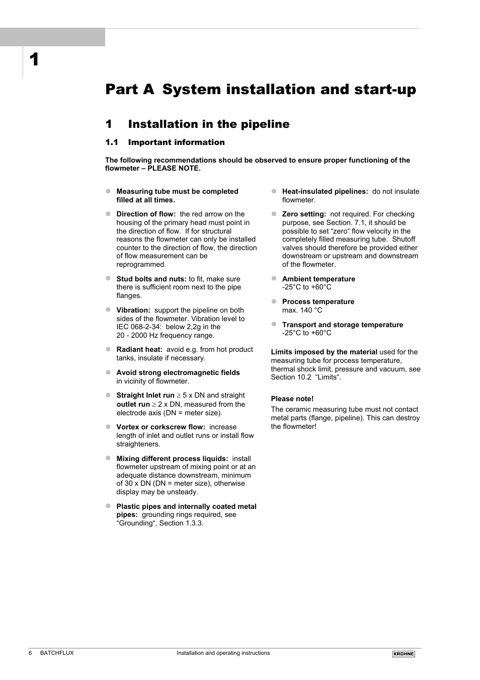 Part a system installation and start-up, 1 installation in the pipeline | KROHNE BATCHFLUX 5015 K EN User Manual | Page 6 / 53