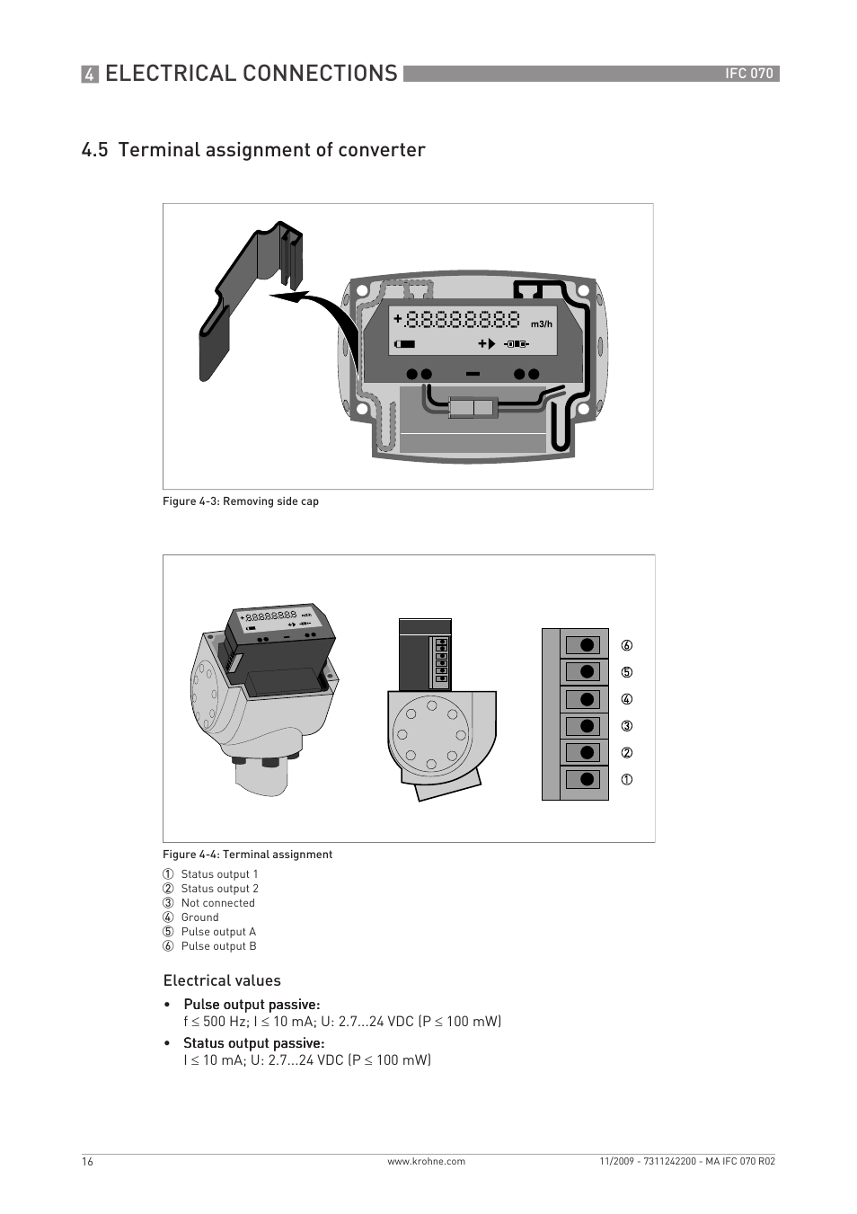 Electrical connections, 5 terminal assignment of converter | KROHNE IFC 070 Converter EN User Manual | Page 16 / 36