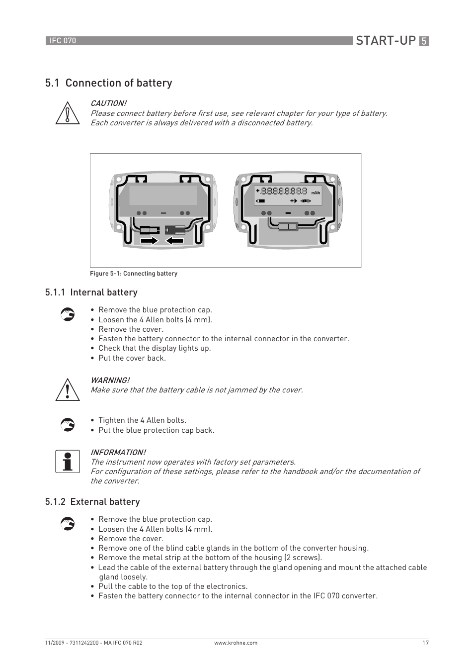 Start-up, 1 connection of battery | KROHNE IFC 070 Converter EN User Manual | Page 17 / 36