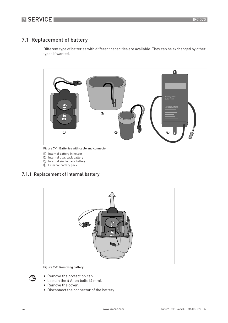 Service, 1 replacement of battery, 1 replacement of internal battery | KROHNE IFC 070 Converter EN User Manual | Page 24 / 36