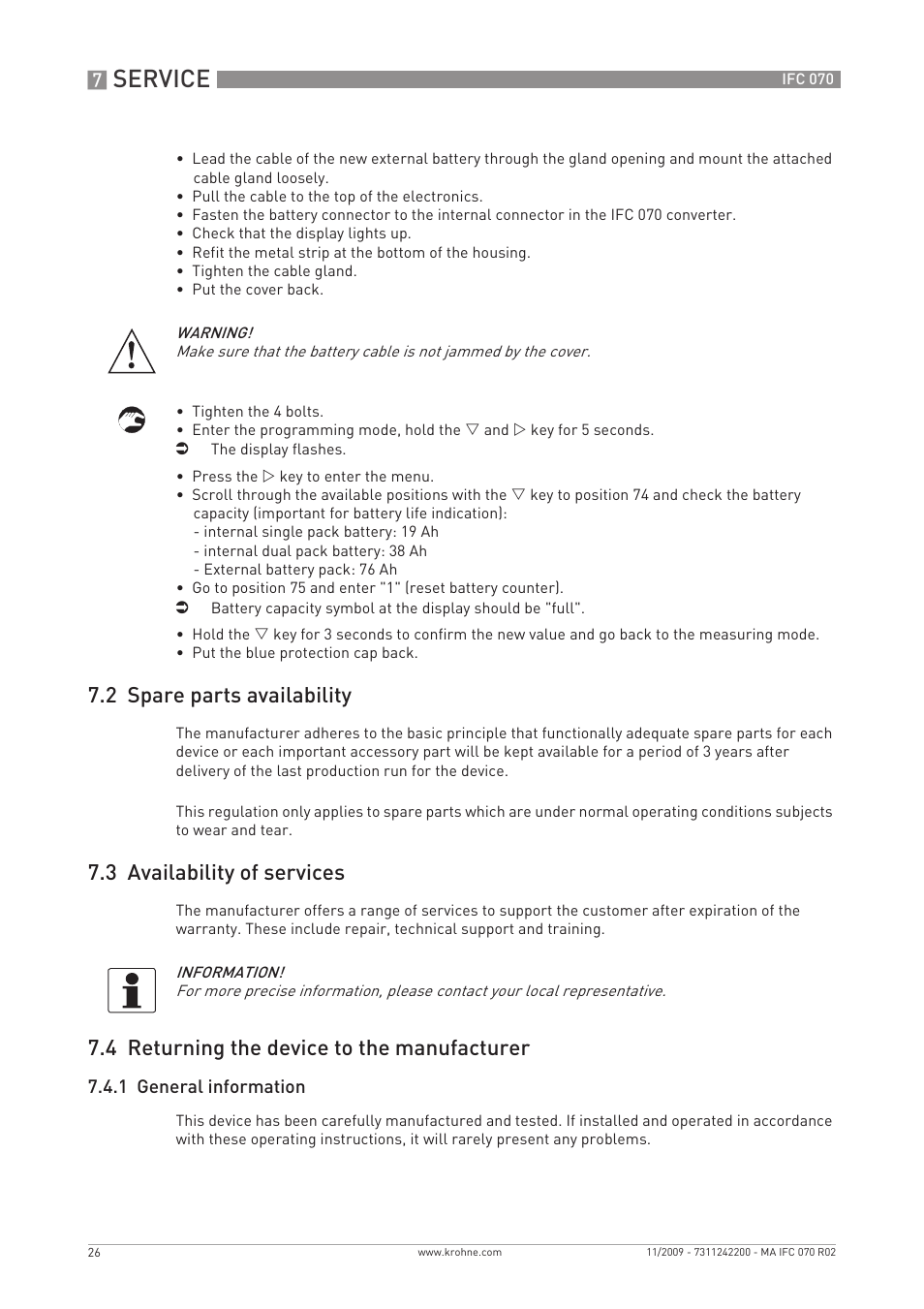 Service, 2 spare parts availability, 3 availability of services | 4 returning the device to the manufacturer | KROHNE IFC 070 Converter EN User Manual | Page 26 / 36