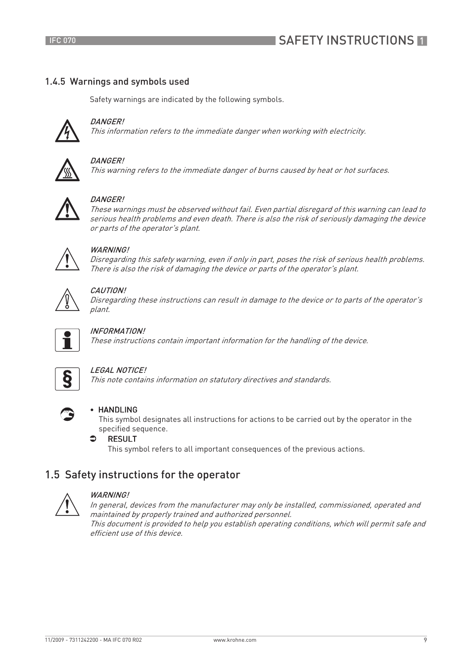 Safety instructions, 5 safety instructions for the operator | KROHNE IFC 070 Converter EN User Manual | Page 9 / 36