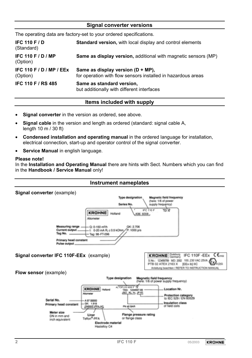Signal converter versions, Items included with supply, Instrument nameplates | KROHNE IFC 110 Converter EN User Manual | Page 2 / 43