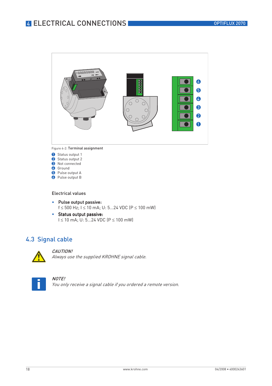 Electrical connections, 3 signal cable | KROHNE OPTIFLUX 2070 EN User Manual | Page 18 / 36