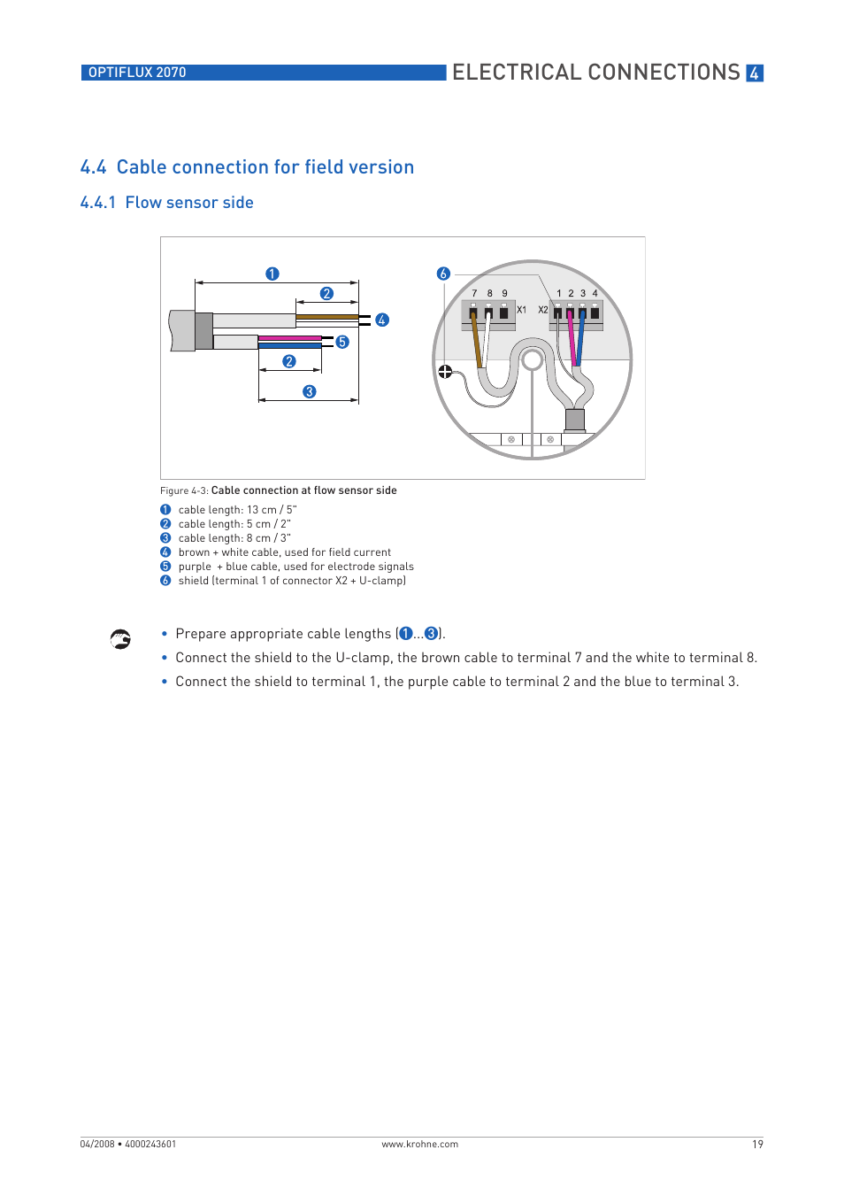 Electrical connections, 4 cable connection for field version, 1 flow sensor side | KROHNE OPTIFLUX 2070 EN User Manual | Page 19 / 36