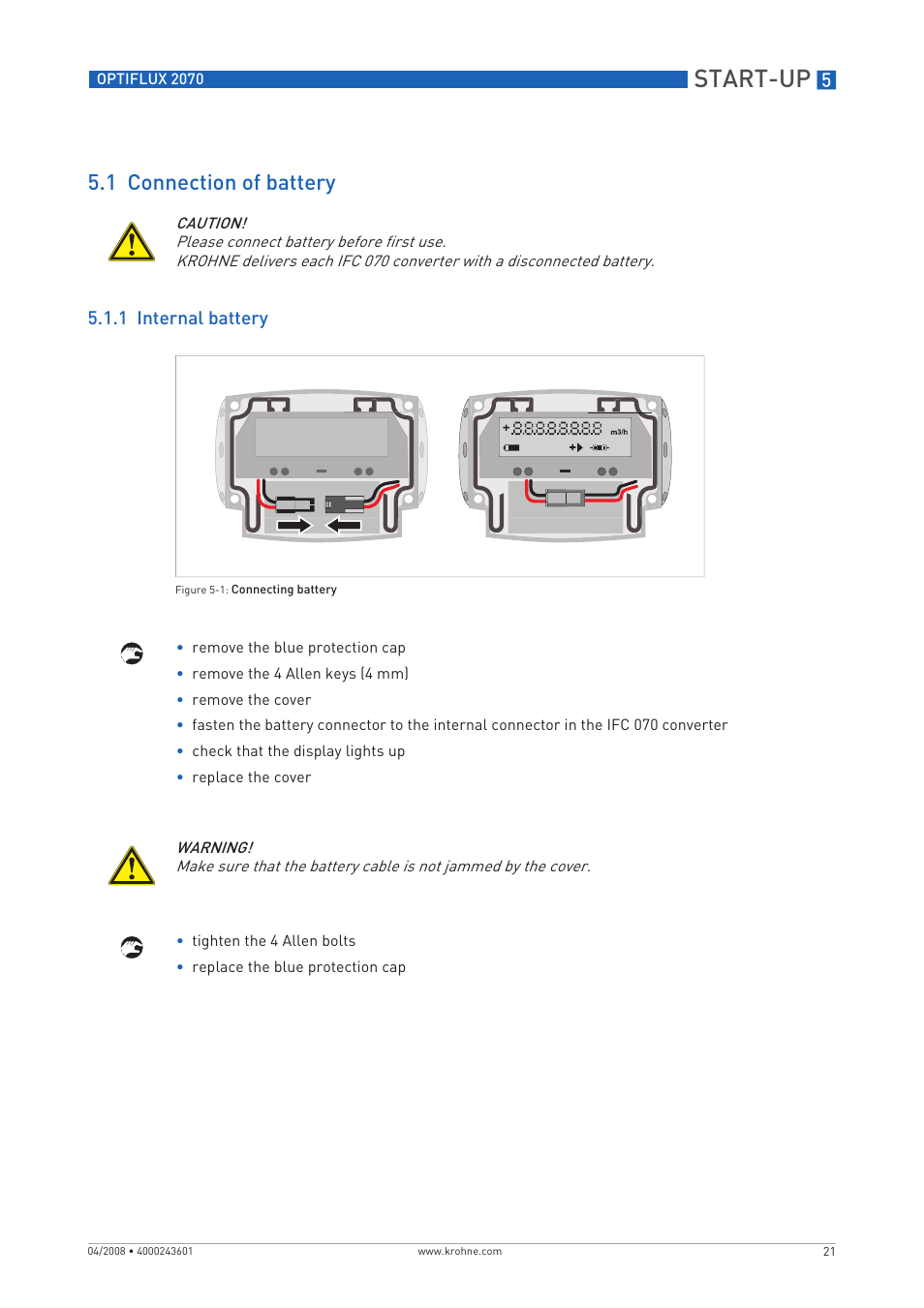 Start-up, 1 connection of battery, 1 internal battery | KROHNE OPTIFLUX 2070 EN User Manual | Page 21 / 36