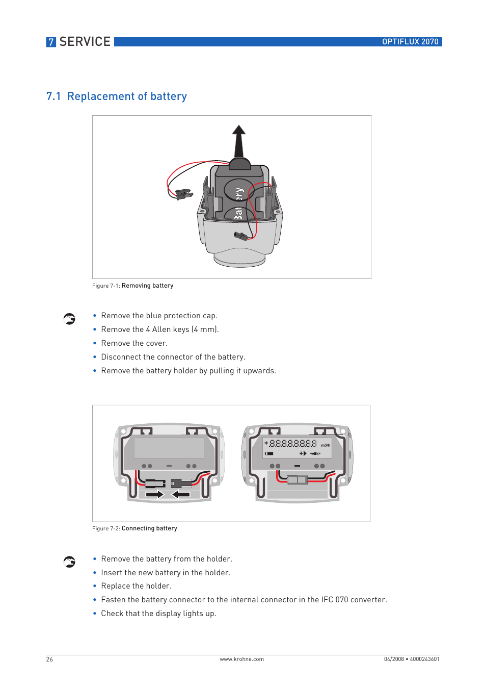 Service, 1 replacement of battery | KROHNE OPTIFLUX 2070 EN User Manual | Page 26 / 36