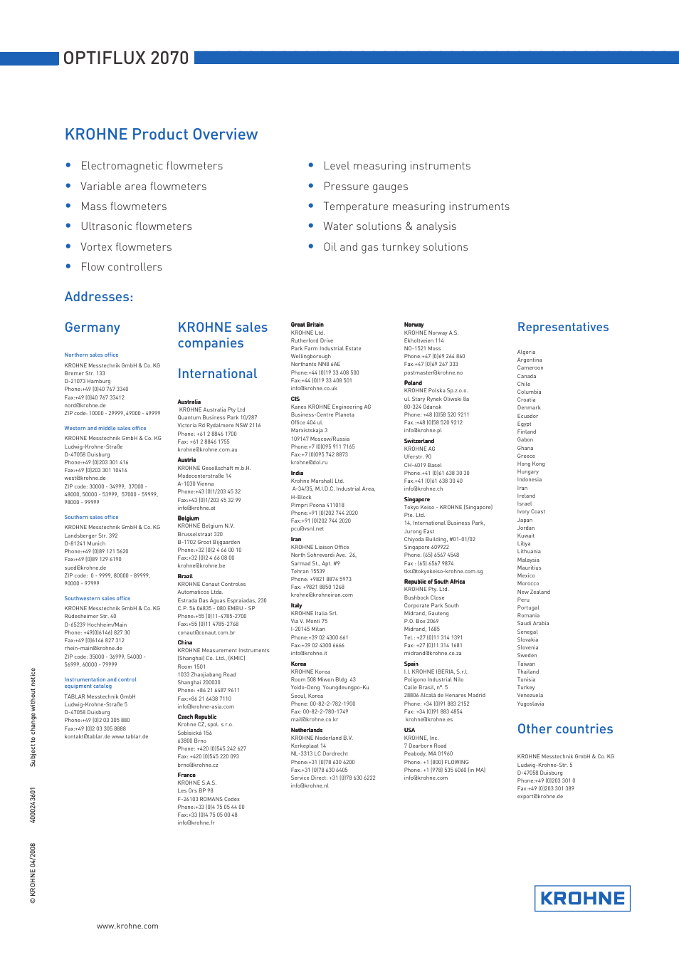 Krohne product overview, Addresses: germany, Krohne sales companies international | Other countries, Representatives, Electromagnetic flowmeters, Level measuring instruments, Variable area flowmeters, Pressure gauges, Mass flowmeters | KROHNE OPTIFLUX 2070 EN User Manual | Page 36 / 36