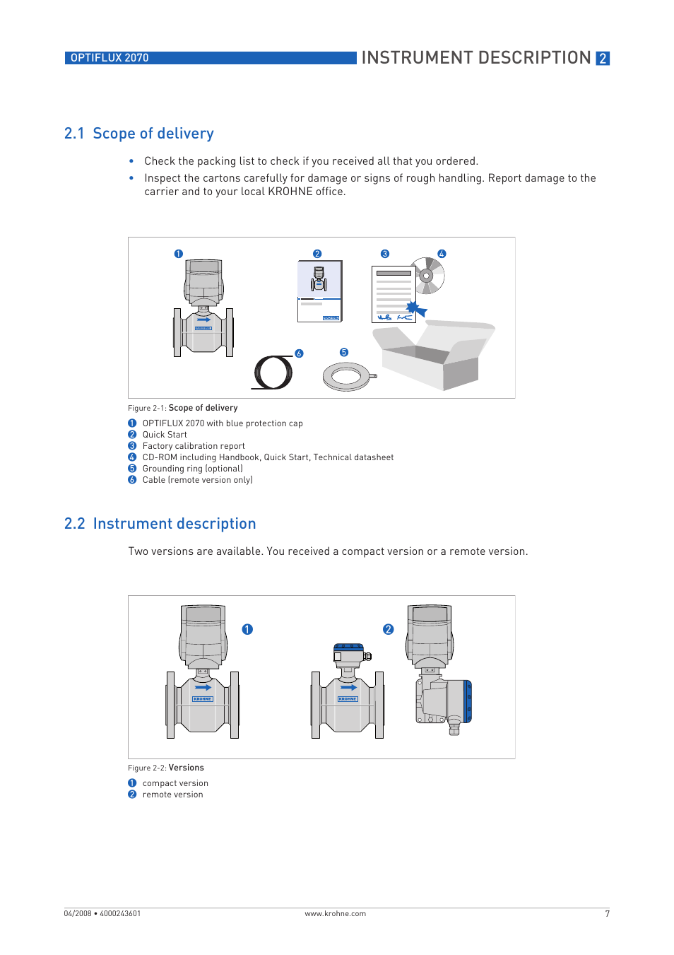 Instrument description, 1 scope of delivery, 2 instrument description | KROHNE OPTIFLUX 2070 EN User Manual | Page 7 / 36