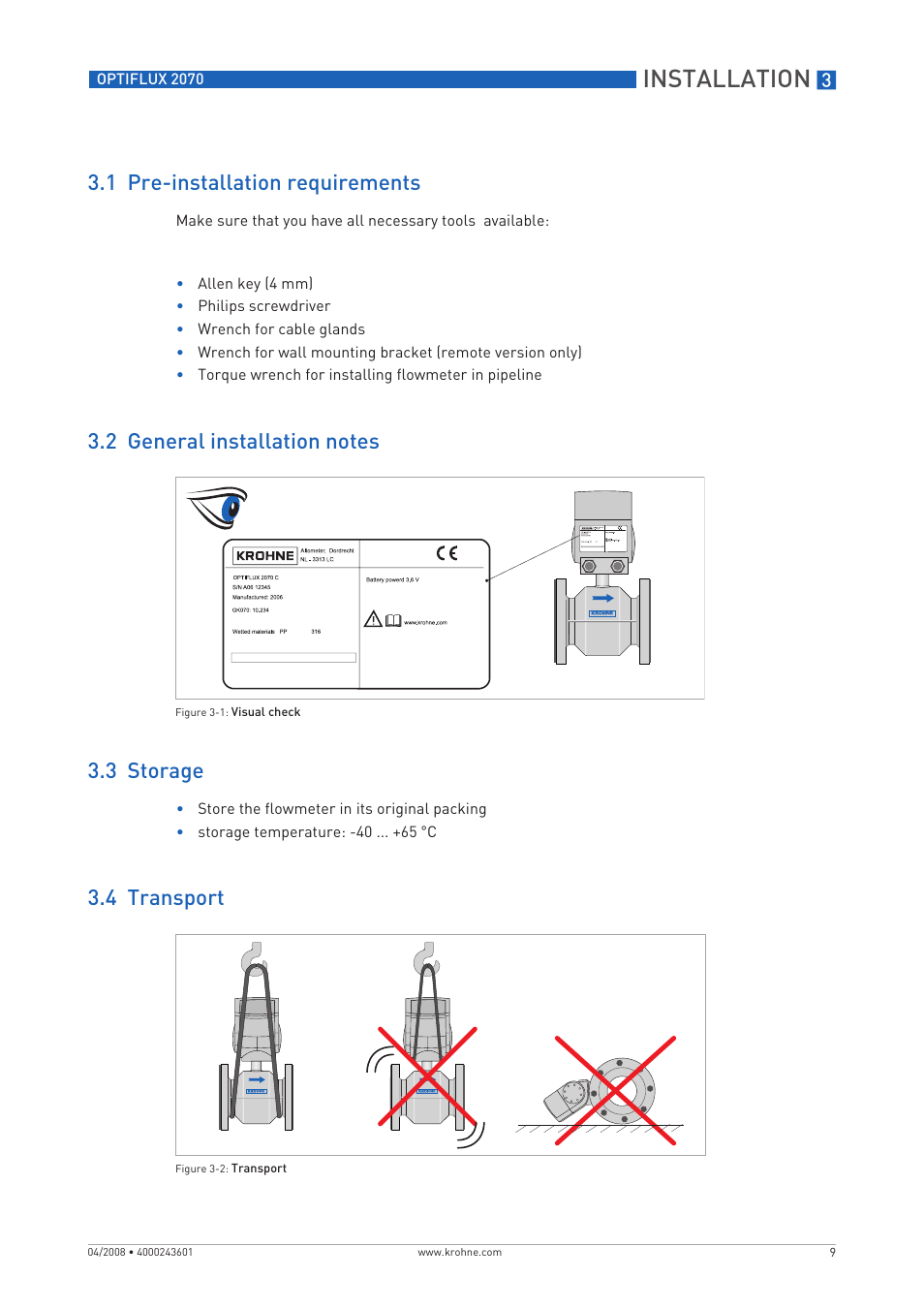 Installation, 1 pre-installation requirements, 4 transport | KROHNE OPTIFLUX 2070 EN User Manual | Page 9 / 36