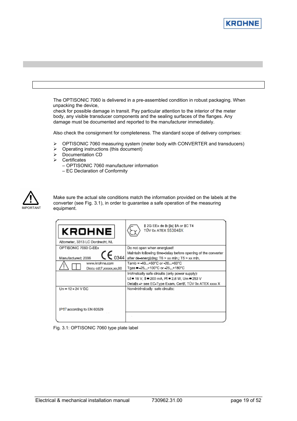 3 assembly and installation | KROHNE OPTISONIC 7060 EN User Manual | Page 19 / 52
