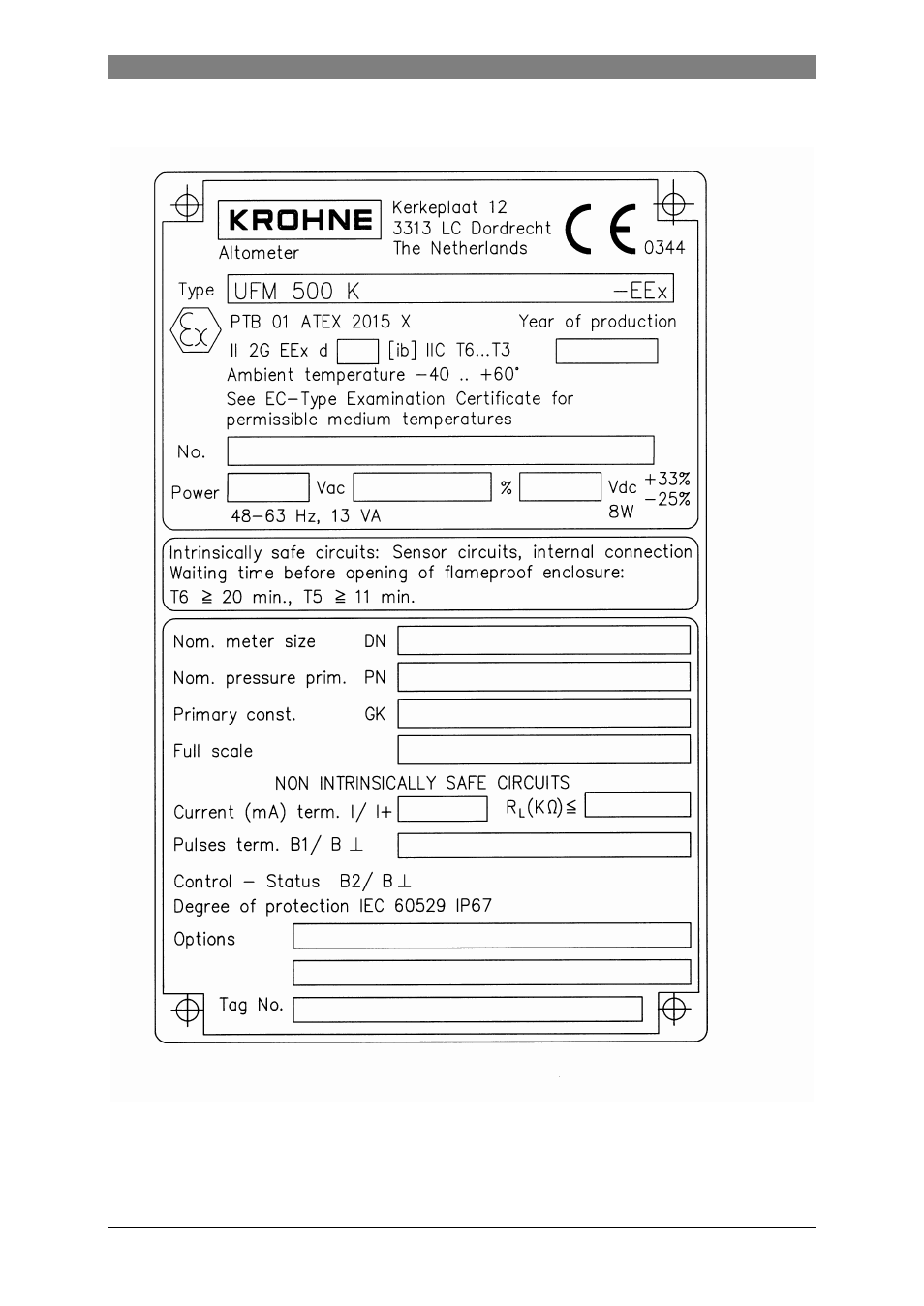 Data plate | KROHNE UFM 500 ATEX EN User Manual | Page 18 / 19