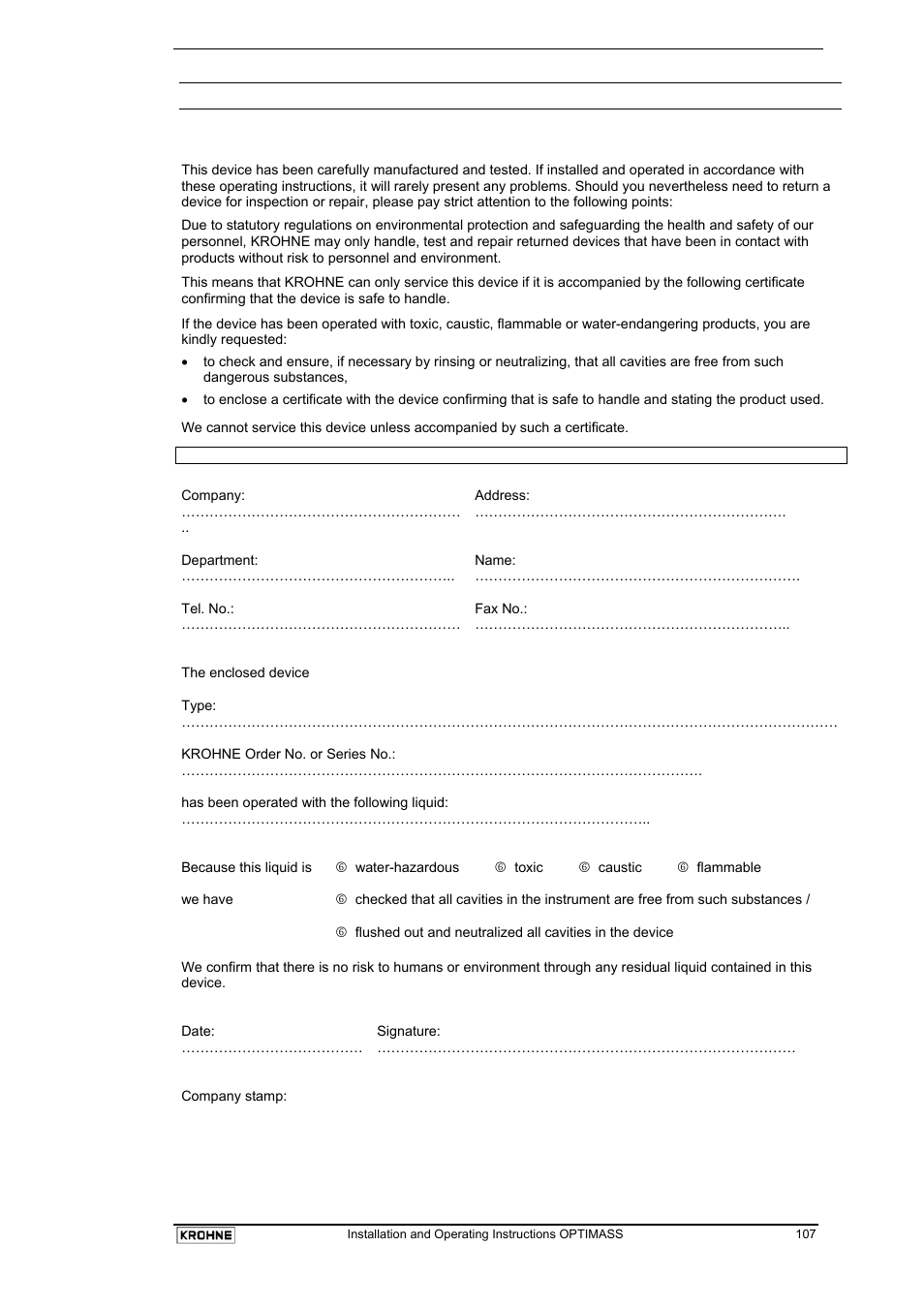 9 declaration of cleanliness certificatebs.pdf, Returning a device for testing or repair to krohne | KROHNE OPTIMASS with MFC 05x EN User Manual | Page 108 / 109