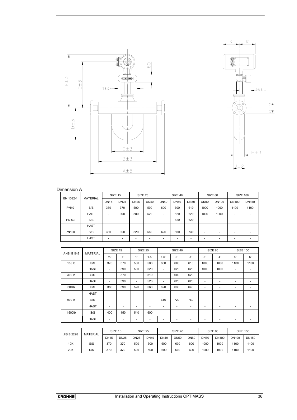 Flanged & hygienic connections dimension a | KROHNE OPTIMASS with MFC 05x EN User Manual | Page 37 / 109