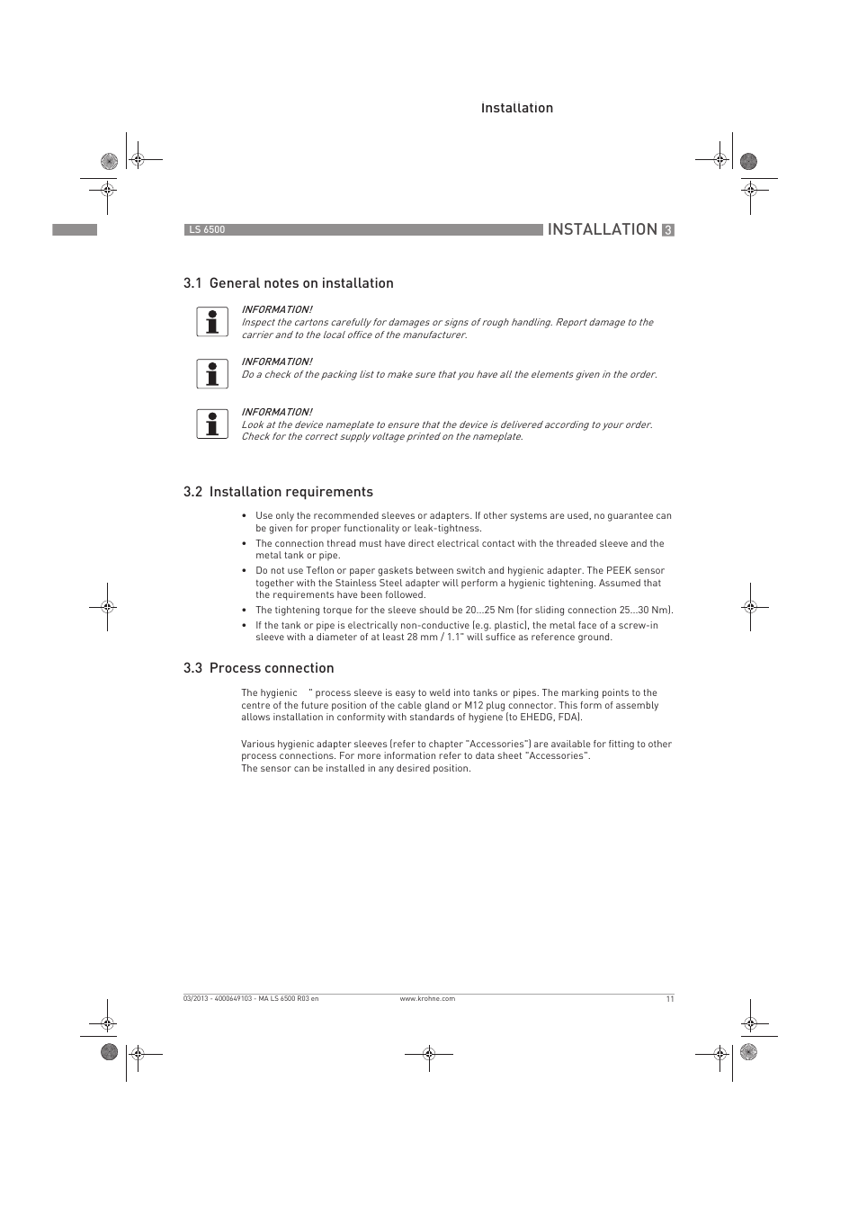 Installation, 3 process connection | KROHNE LS 6500 EN User Manual | Page 11 / 32