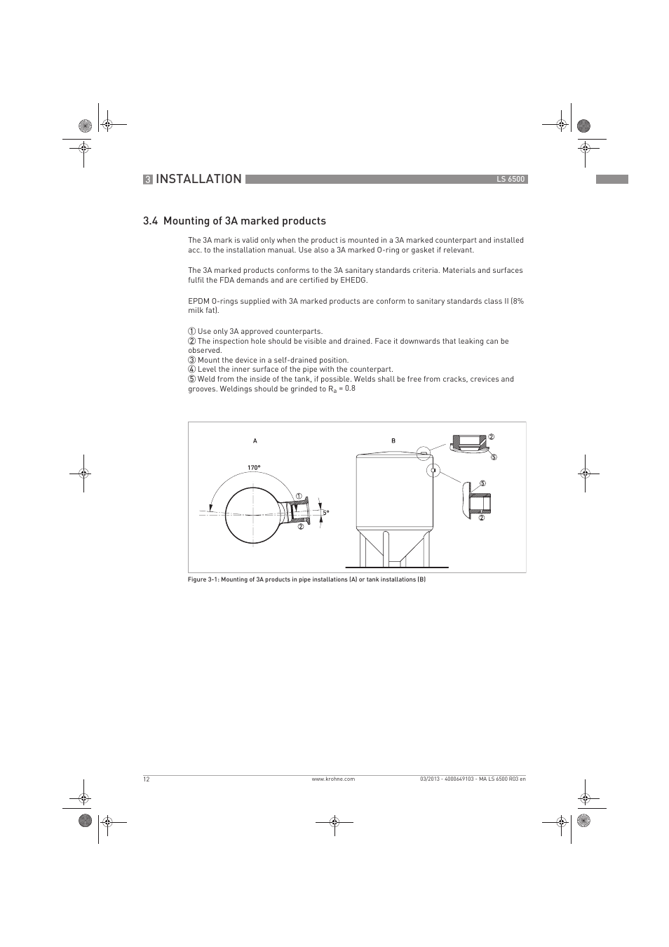 Installation, 4 mounting of 3a marked products | KROHNE LS 6500 EN User Manual | Page 12 / 32