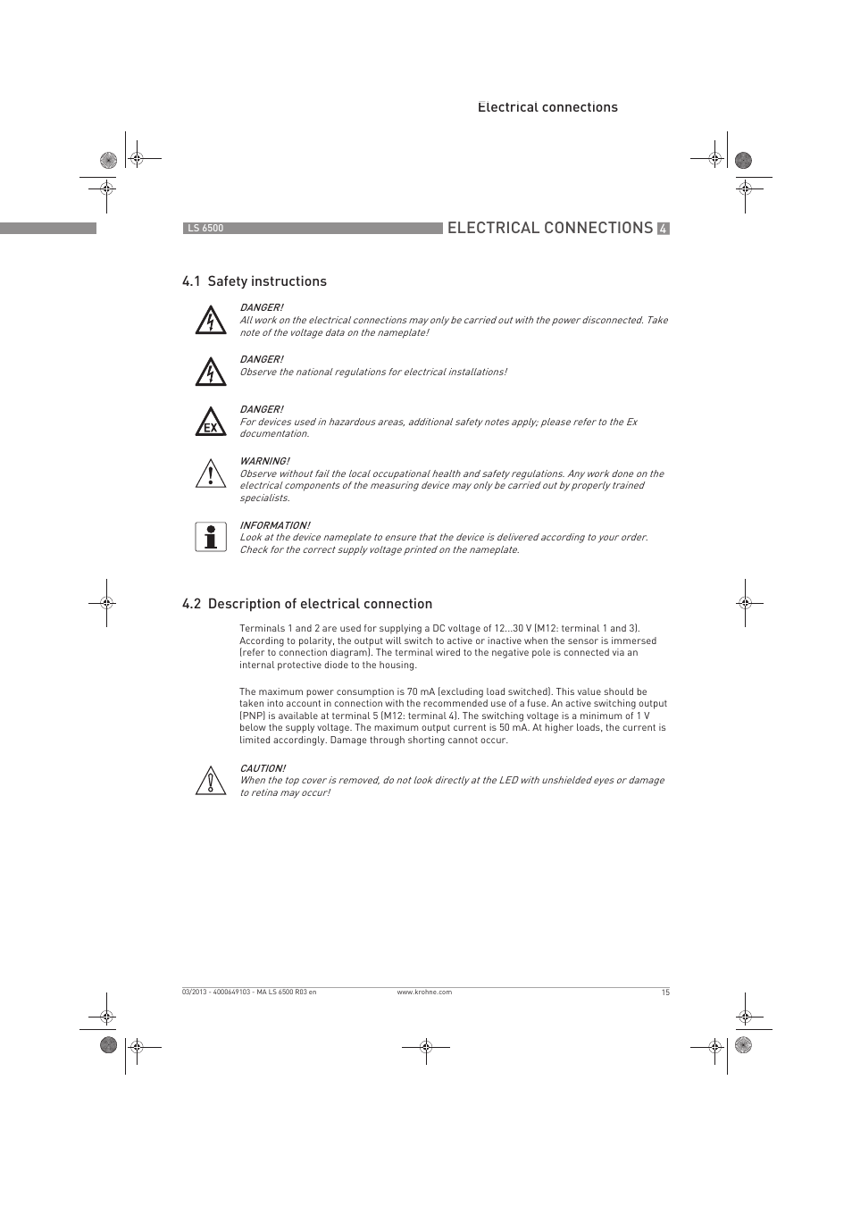 Electrical connections | KROHNE LS 6500 EN User Manual | Page 15 / 32