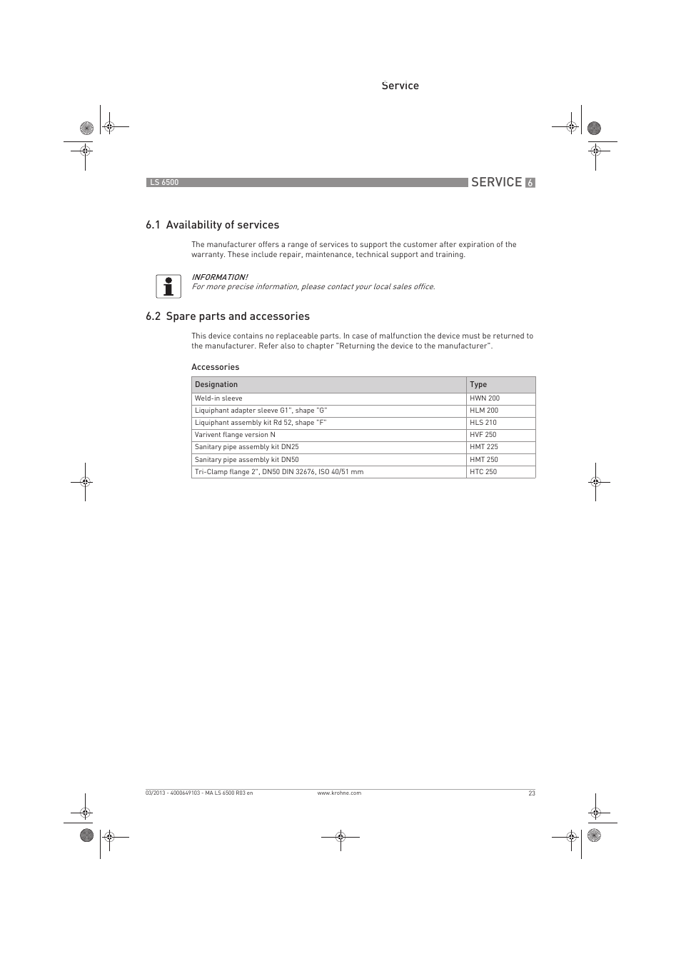 Service, Service 6.1 availability of services, 2 spare parts and accessories | KROHNE LS 6500 EN User Manual | Page 23 / 32