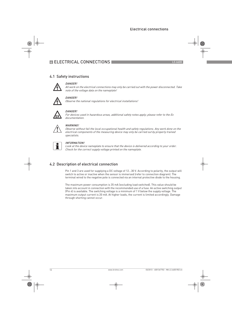 Electrical connections | KROHNE LS 6600 EN User Manual | Page 12 / 28