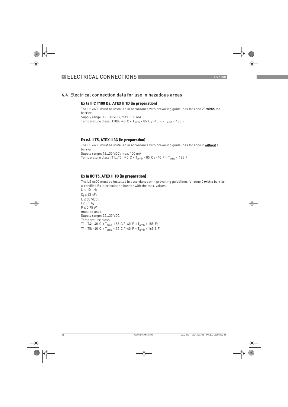 Electrical connections | KROHNE LS 6600 EN User Manual | Page 14 / 28