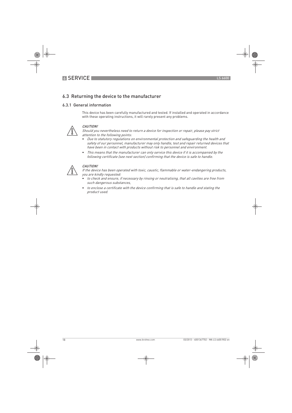 Service, 3 returning the device to the manufacturer | KROHNE LS 6600 EN User Manual | Page 18 / 28