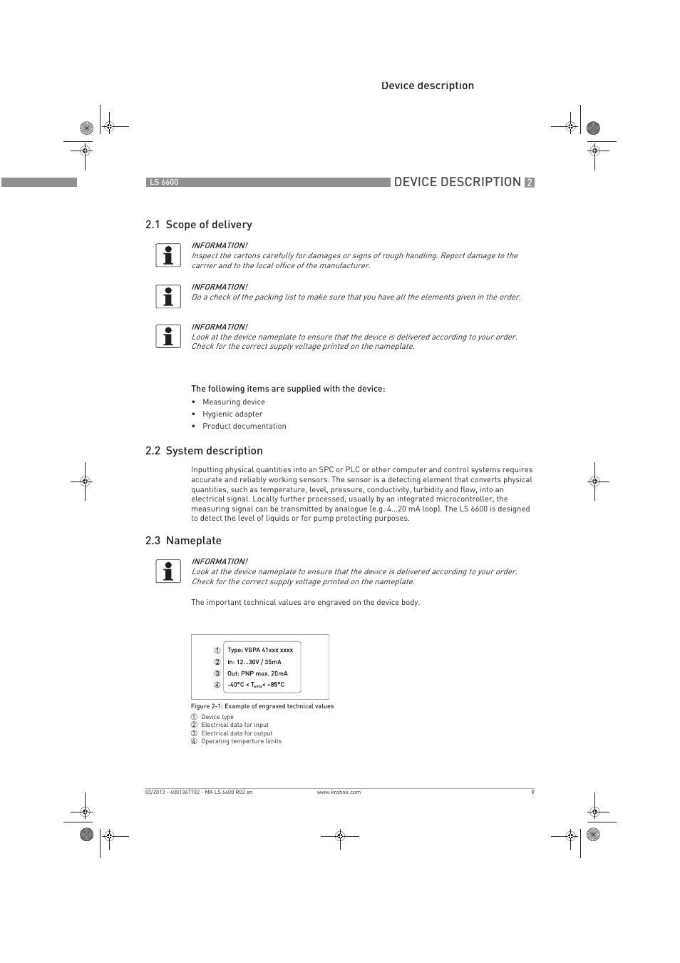 Device description, Device description 2.1 scope of delivery, 2 system description | 3 nameplate | KROHNE LS 6600 EN User Manual | Page 9 / 28