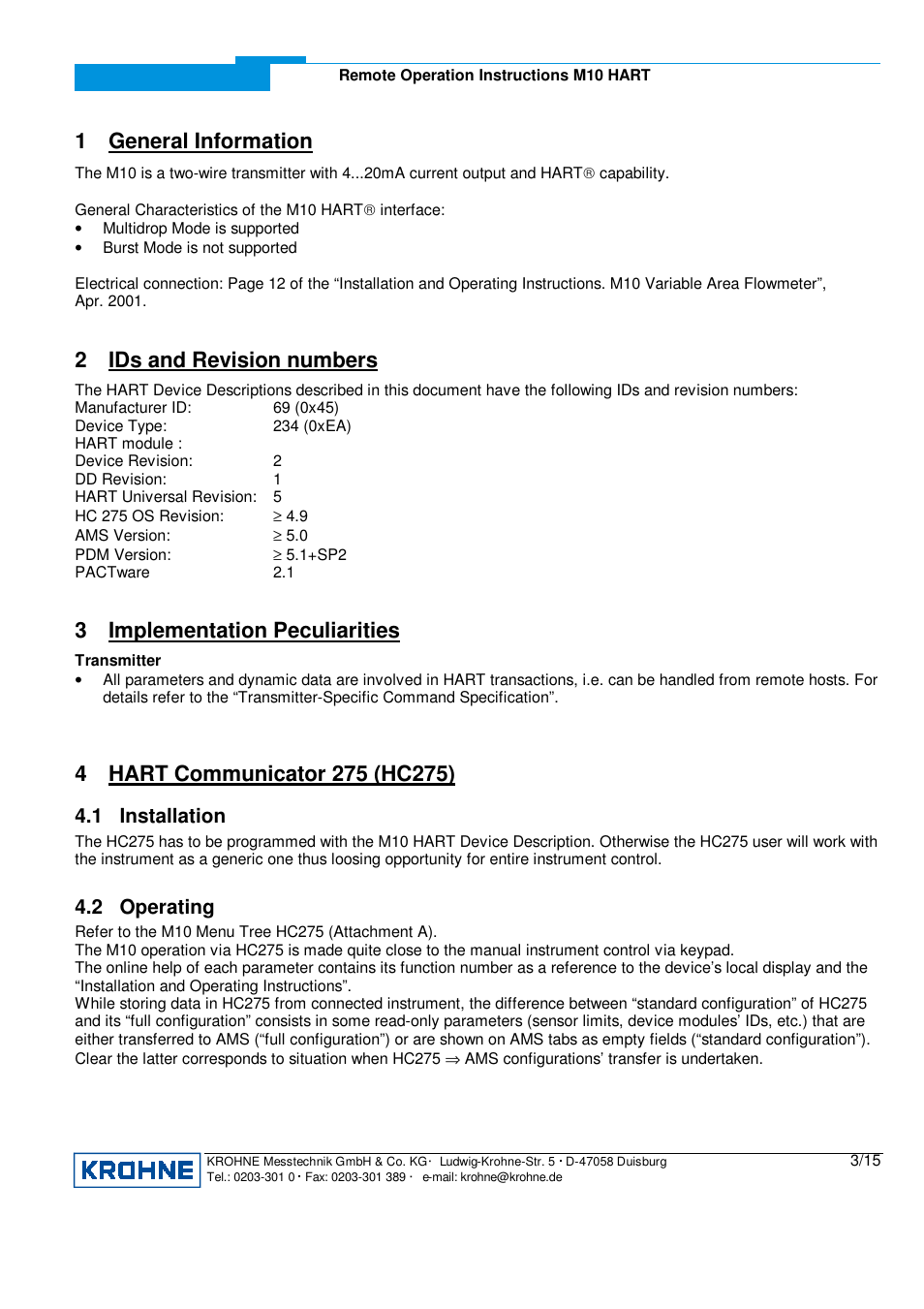 1 general information, 2 ids and revision numbers, 3 implementation peculiarities | 1 installation, 2 operating | KROHNE M10 Converter HART 0201 User Manual | Page 3 / 15