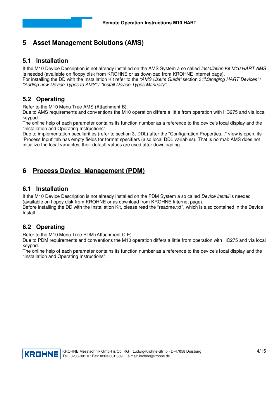 5 asset management solutions (ams), 6 process device management (pdm), 1 installation | 2 operating | KROHNE M10 Converter HART 0201 User Manual | Page 4 / 15