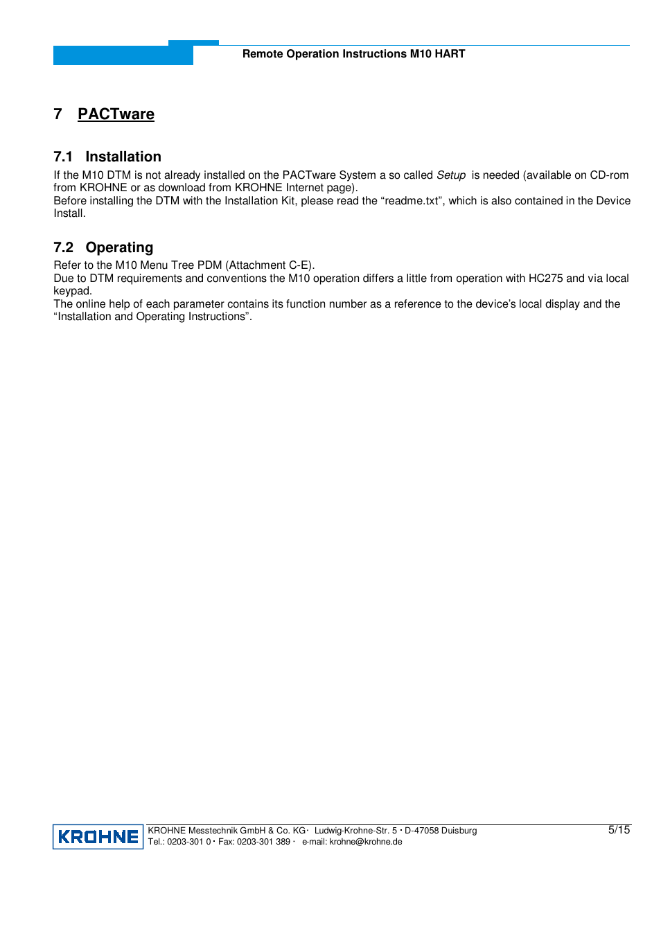 7 pactware, 1 installation, 2 operating | KROHNE M10 Converter HART 0201 User Manual | Page 5 / 15