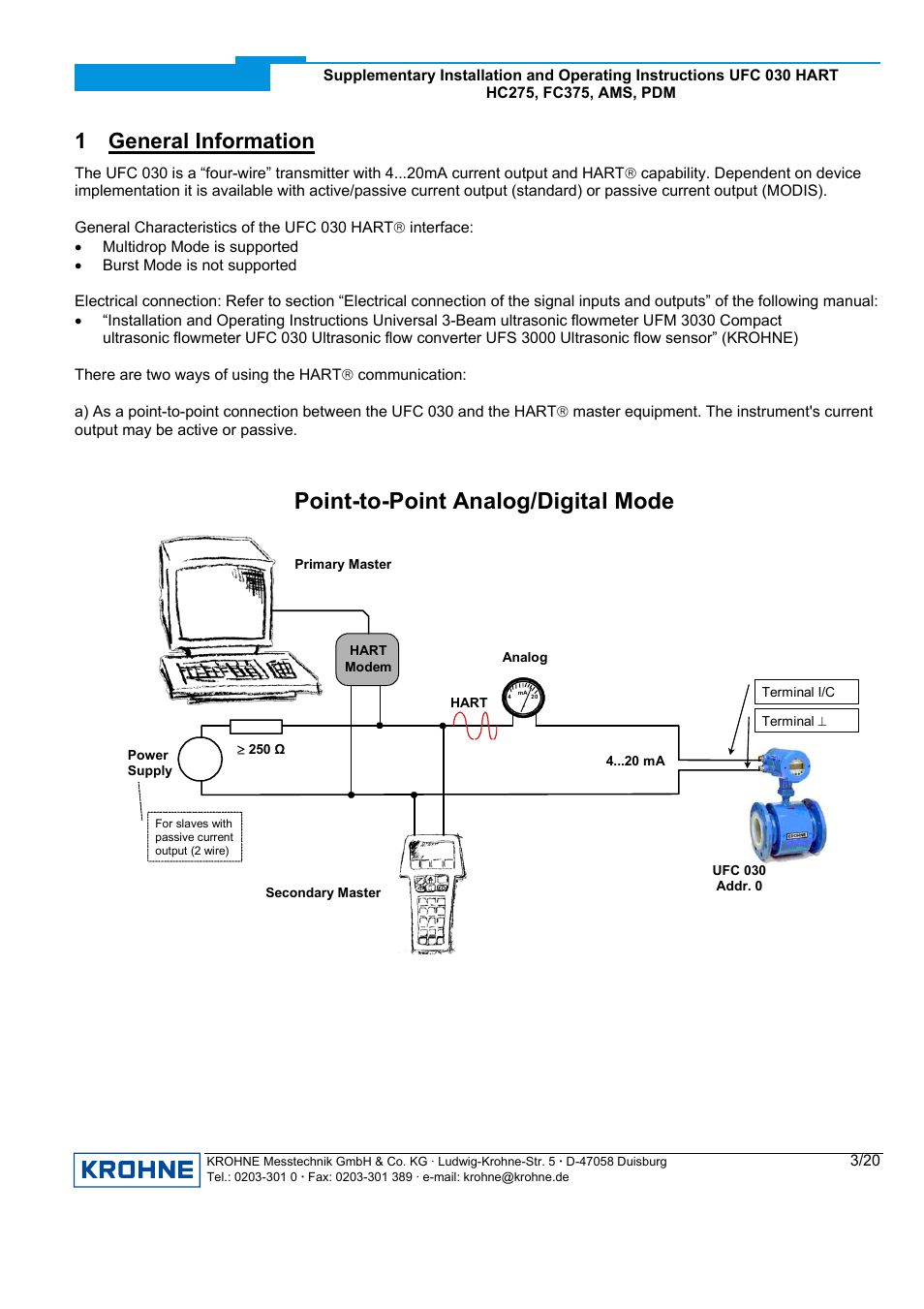 Point-to-point analog/digital mode, 1 general information | KROHNE UFC 030 HART User Manual | Page 3 / 20