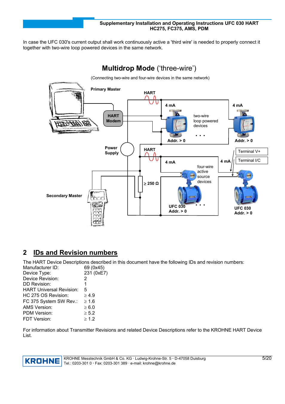 Multidrop mode (‘three-wire’), 2 ids and revision numbers | KROHNE UFC 030 HART User Manual | Page 5 / 20