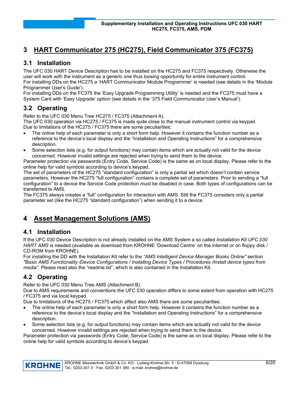 4 asset management solutions (ams), 1 installation, 2 operating | KROHNE UFC 030 HART User Manual | Page 6 / 20