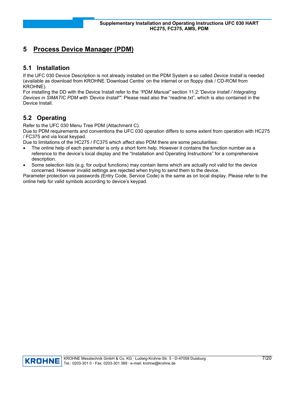 5 process device manager (pdm), 1 installation, 2 operating | KROHNE UFC 030 HART User Manual | Page 7 / 20