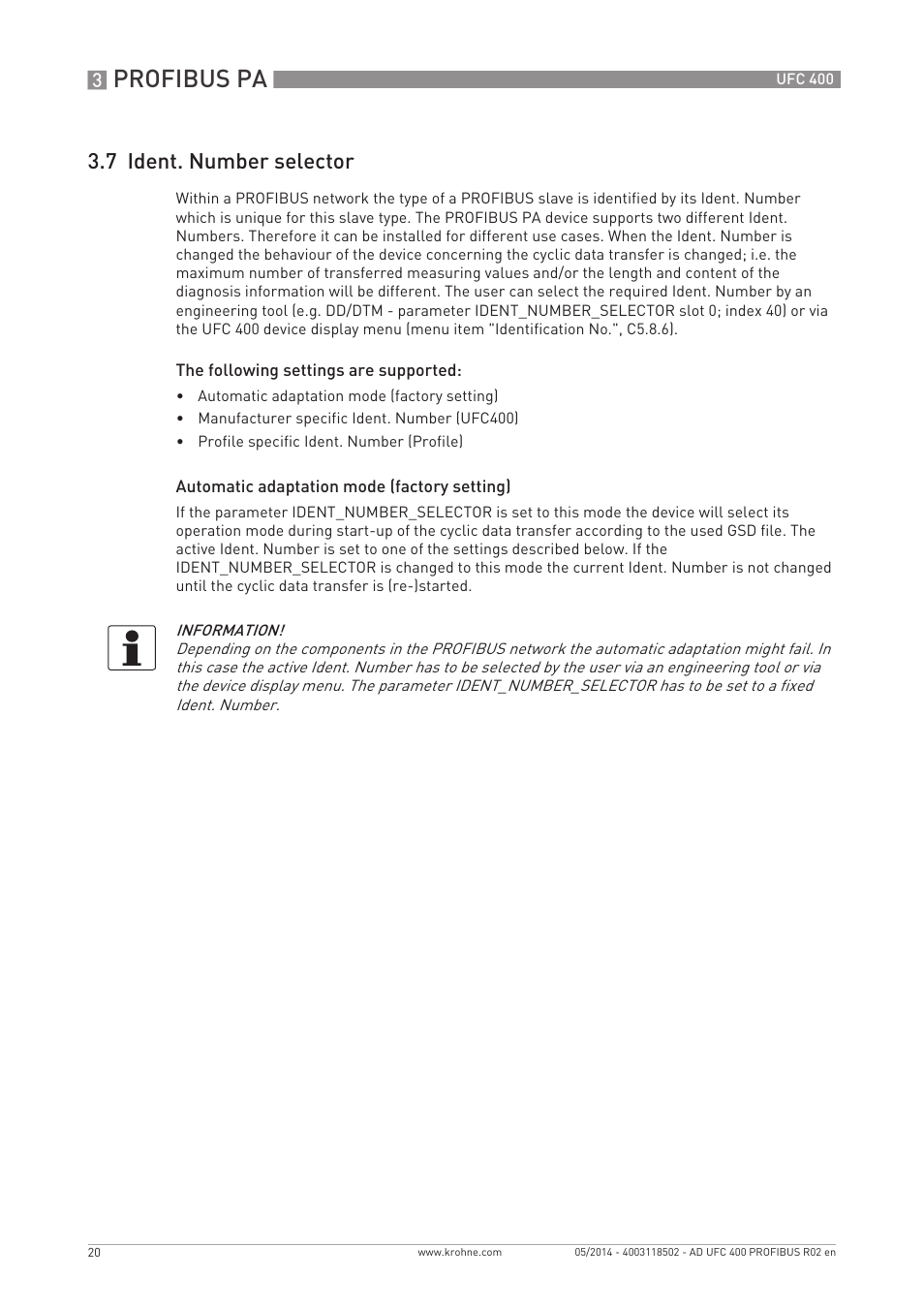 Profibus pa, 7 ident. number selector | KROHNE UFC 400 PROFIBUS PA-PROFIBUS DP User Manual | Page 20 / 56