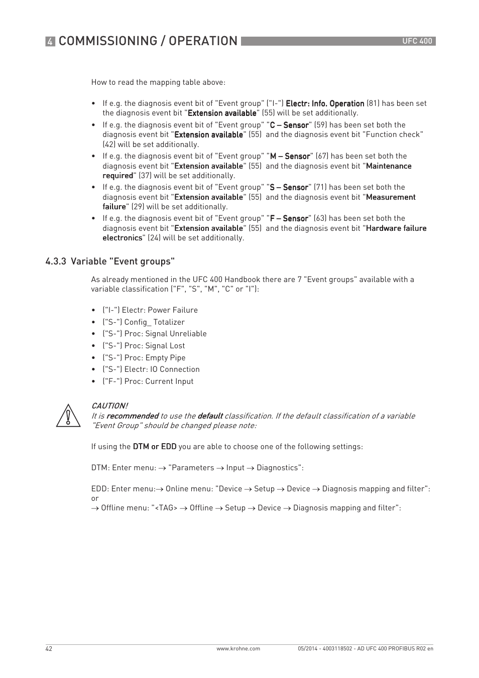 Commissioning / operation, 3 variable "event groups | KROHNE UFC 400 PROFIBUS PA-PROFIBUS DP User Manual | Page 42 / 56