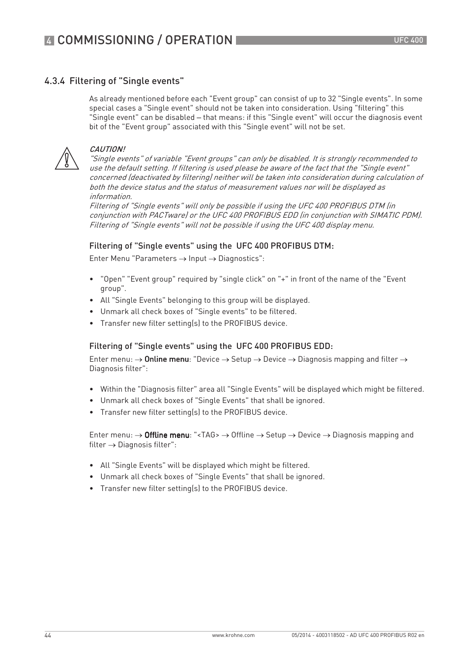 Commissioning / operation, 4 filtering of "single events | KROHNE UFC 400 PROFIBUS PA-PROFIBUS DP User Manual | Page 44 / 56