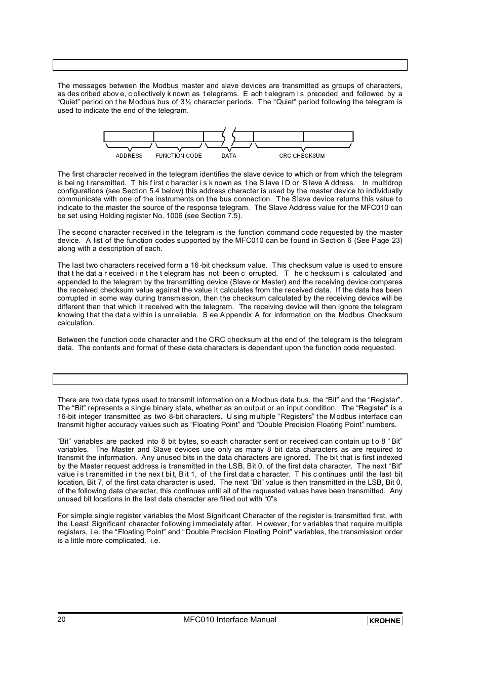 2 modbus telegram format, 3 data types in modbus, Modbus telegram format | Data types in modbus | KROHNE MFC 010 C Converter User Manual | Page 22 / 104