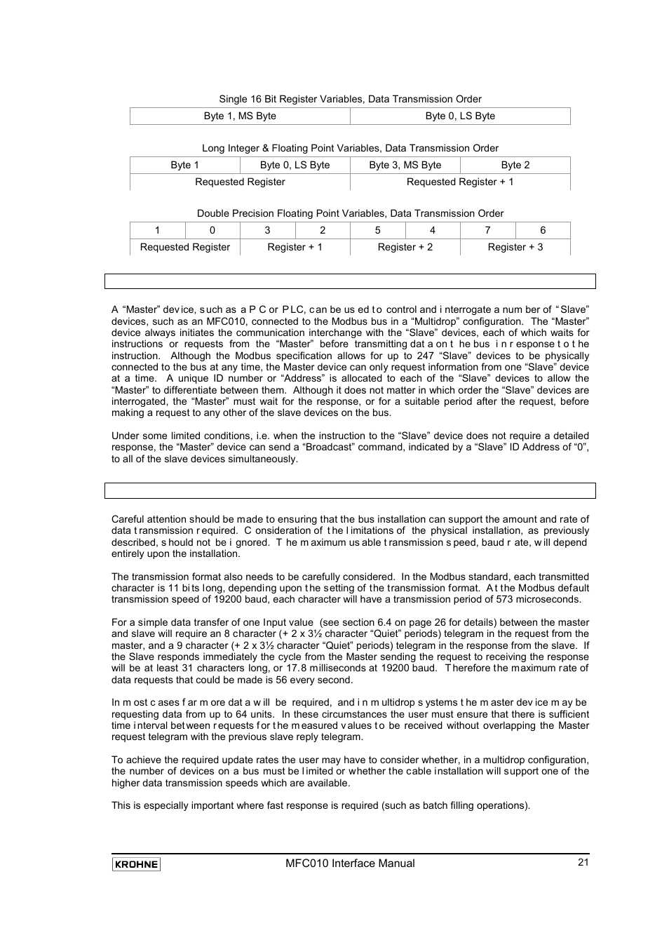 4 multidrop operation, 5 calculating data transmission rates, Multidrop operation | Calculating data transmission rates | KROHNE MFC 010 C Converter User Manual | Page 23 / 104