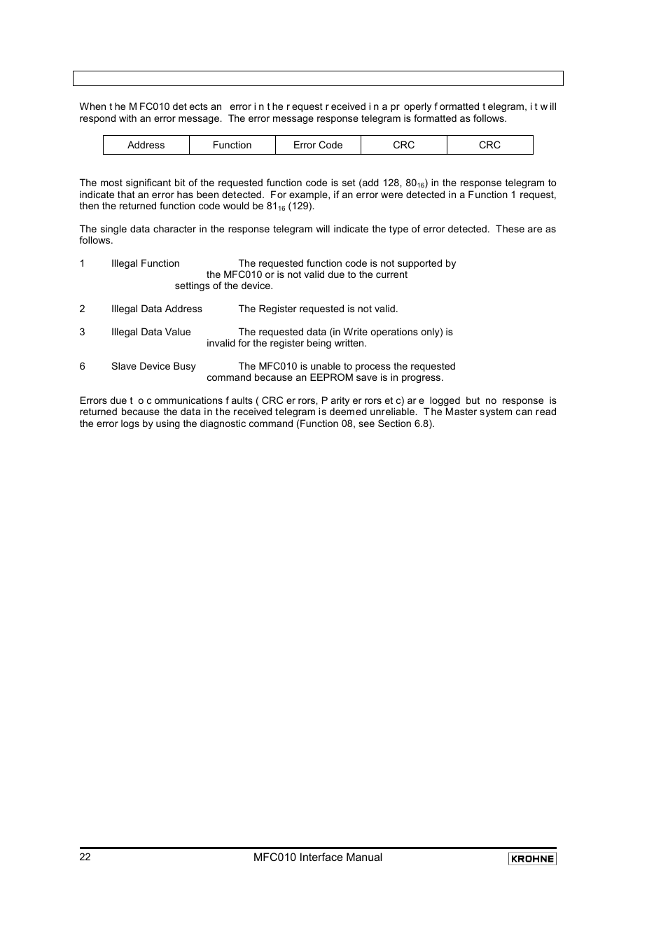 6 error messages in modbus, Error messages in modbus | KROHNE MFC 010 C Converter User Manual | Page 24 / 104