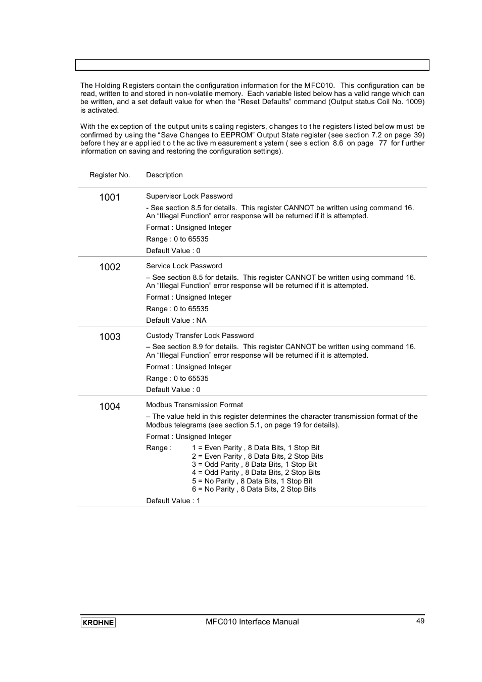 5 holding registers, Holding registers | KROHNE MFC 010 C Converter User Manual | Page 51 / 104