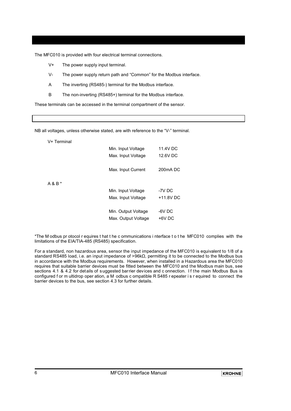 Electrical installation, 1 electrical input specifications for the mfc010, Electrical input specifications for the mfc010 | KROHNE MFC 010 C Converter User Manual | Page 8 / 104