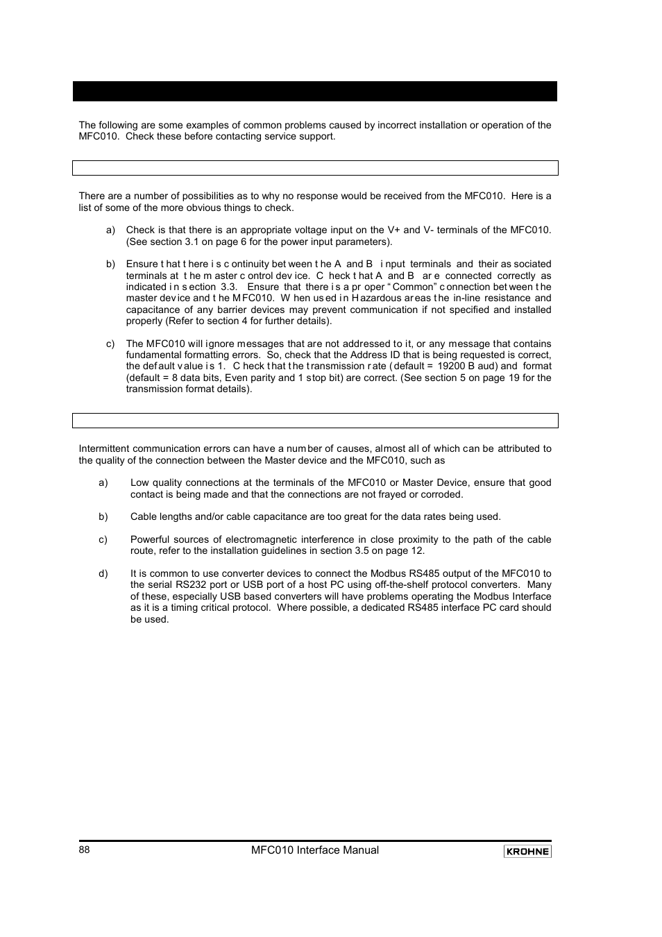 Trouble shooting, 1 “no response to modbus requests, 2 “communication errors | No response to modbus requests, Communication errors | KROHNE MFC 010 C Converter User Manual | Page 90 / 104